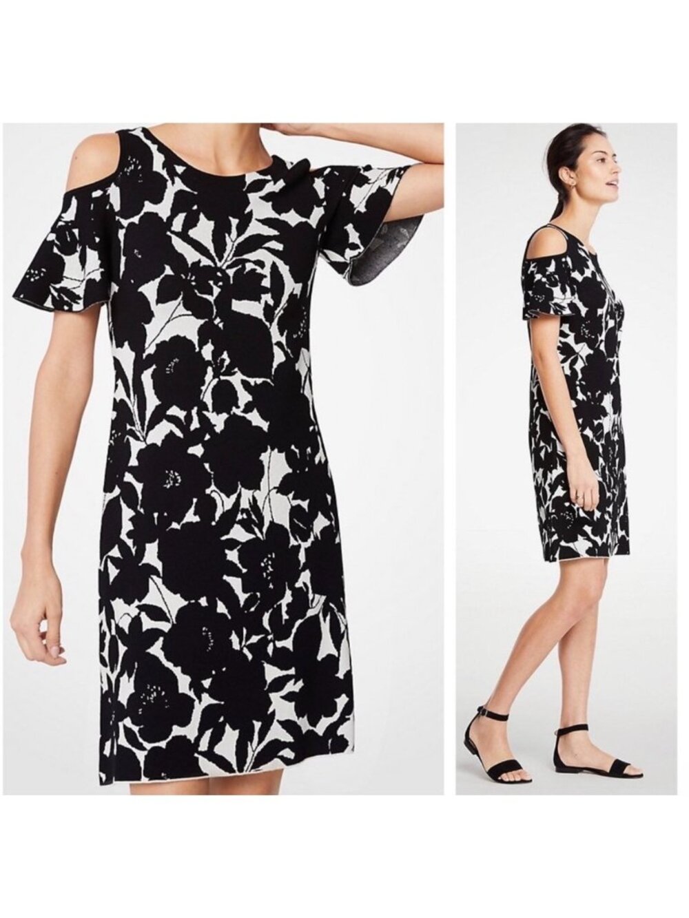 Ann Taylor Black & White Floral Cold Shoulder Cutout Dress Size S/P Fall Wedding